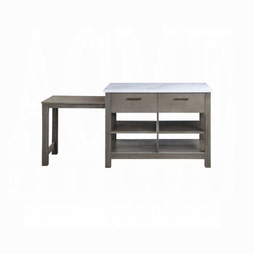 Acme Feivel Natural Marble Top & Rustic Oak Kitchen Island with Pull Out Table - Image 3
