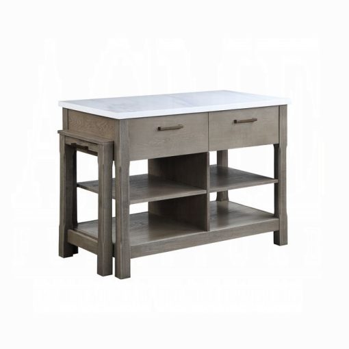 Acme Feivel Natural Marble Top & Rustic Oak Kitchen Island with Pull Out Table - Image 5