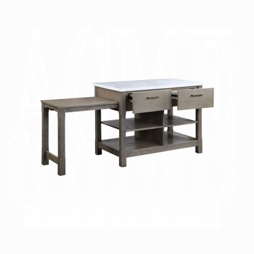 Acme Feivel Natural Marble Top & Rustic Oak Kitchen Island with Pull Out Table - Image 4