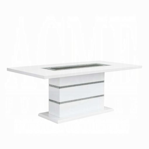 Acme Elizaveta Gray Velvet, Faux Crystal Diamonds & White High Gloss Dining Table with Pedestal Base - Image 2