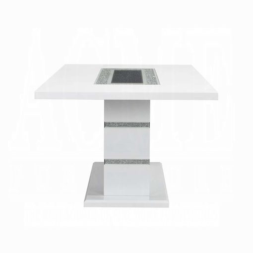 Acme Elizaveta Gray Velvet, Faux Crystal Diamonds & White High Gloss Dining Table with Pedestal Base - Image 4