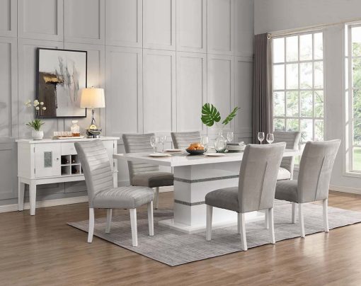 Acme Elizaveta Gray Velvet, Faux Crystal Diamonds & White High Gloss Dining Table with Pedestal Base