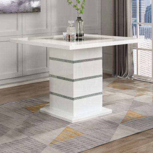 Acme Elizaveta Gray Velvet, Faux Crystal Diamonds & White High Gloss Counter Height Table with Pedestal Base