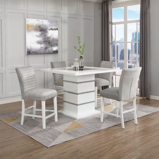 Acme Elizaveta Gray Velvet, Faux Crystal Diamonds & White High Gloss Counter Height Table with Pedestal Base - Image 6