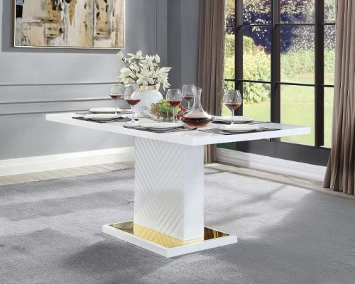 Acme Gaines White High Gloss Dining Table with Pedestal Base