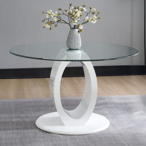Acme Larry Glass Top, White High Gloss Round Dining Table