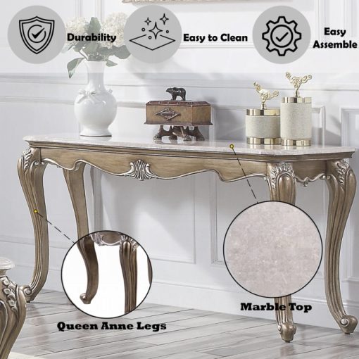 Acme Elozzol Natural Marble Top & Antique Bronze Sofa Table - Image 6