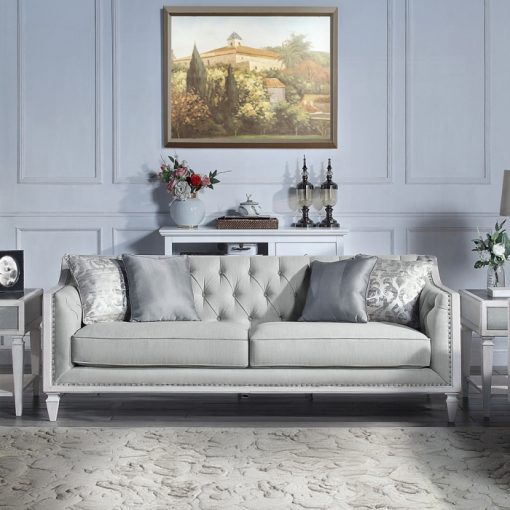 Acme Katia Light Gray Linen & Weathered White Finish Sofa w/4 Pillows