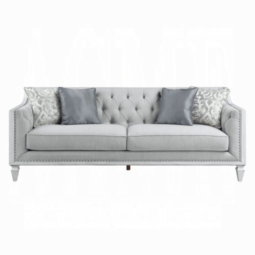 Acme Katia Light Gray Linen & Weathered White Finish Sofa w/4 Pillows - Image 3
