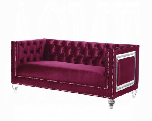 Acme Heibero Burgundy Velvet Loveseat with 2 Pillows