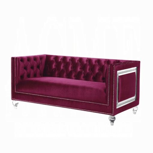 Acme Heibero Burgundy Velvet Loveseat with 2 Pillows