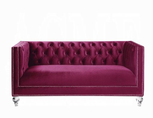 Acme Heibero Burgundy Velvet Loveseat with 2 Pillows - Image 2