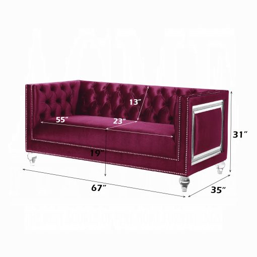 Acme Heibero Burgundy Velvet Loveseat with 2 Pillows - Image 5
