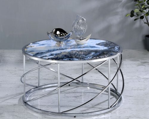 Acme Lyda Blue Marble Print & Chrome Coffee Table