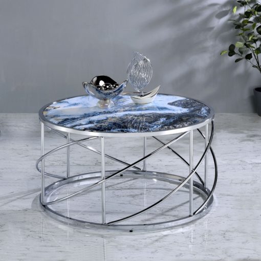 Acme Lyda Blue Marble Print & Chrome Coffee Table