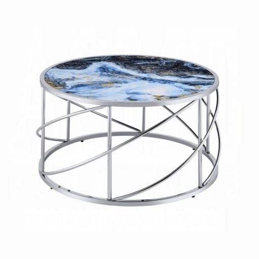 Acme Lyda Blue Marble Print & Chrome Coffee Table - Image 2