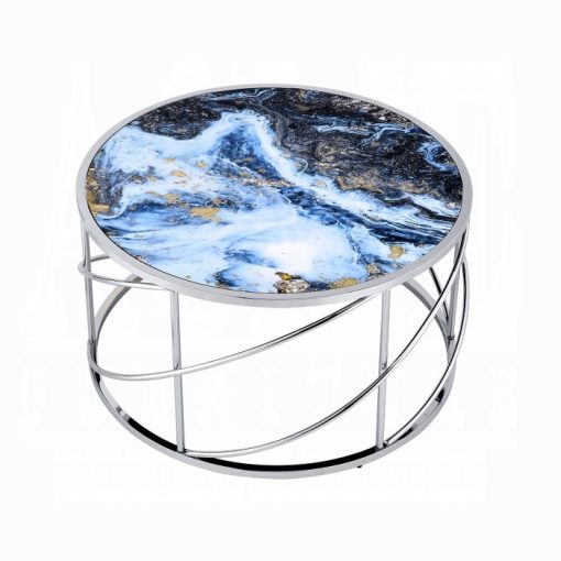 Acme Lyda Blue Marble Print & Chrome Coffee Table - Image 3
