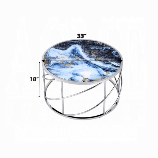 Acme Lyda Blue Marble Print & Chrome Coffee Table - Image 5