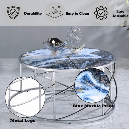 Acme Lyda Blue Marble Print & Chrome Coffee Table - Image 6