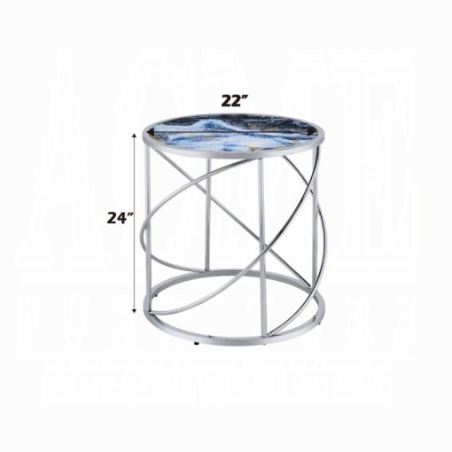 Acme Lyda Blue Marble Print & Chrome End Table - Image 6