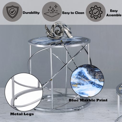 Acme Lyda Blue Marble Print & Chrome End Table - Image 7