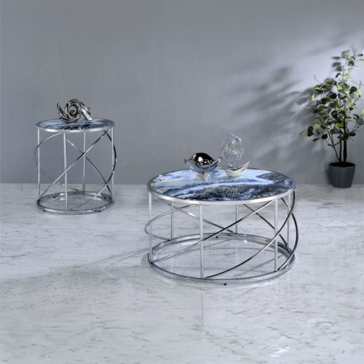 Acme Lyda Blue Marble Print & Chrome End Table - Image 5