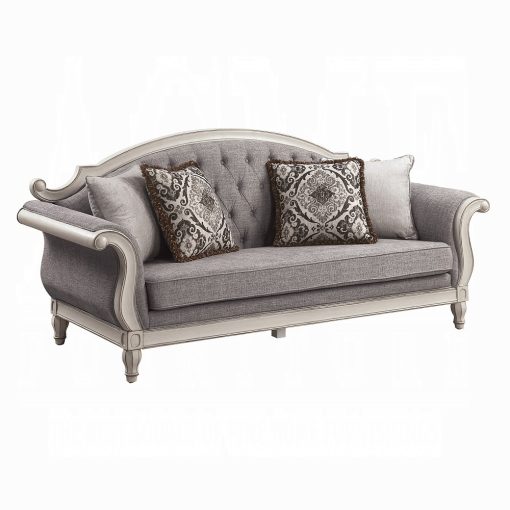 Acme Florian Gray Fabric & Antique White Sofa with 4 Pillows - Image 7