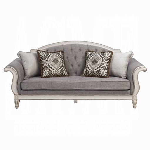 Acme Florian Gray Fabric & Antique White Sofa with 4 Pillows - Image 2
