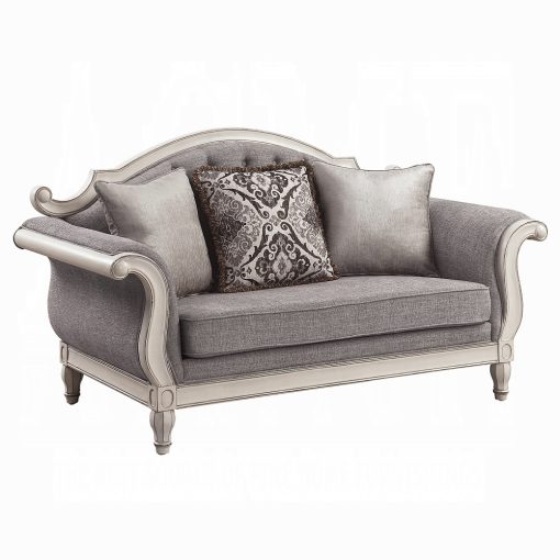 Acme Florian Gray Fabric & Antique White Loveseat with 3 Pillows - Image 5