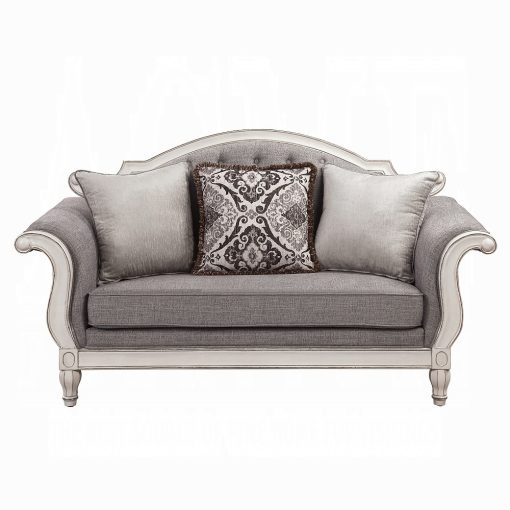 Acme Florian Gray Fabric & Antique White Loveseat with 3 Pillows - Image 2