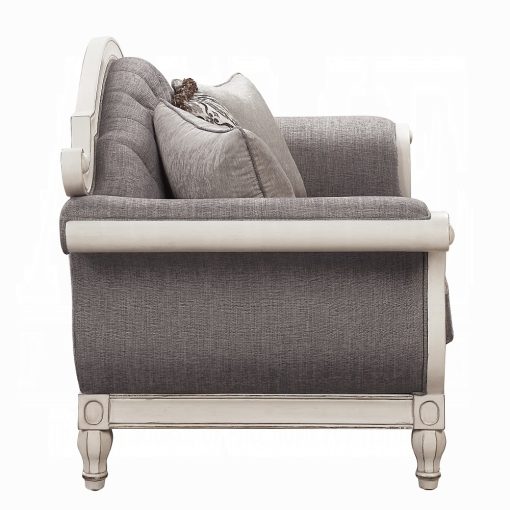 Acme Florian Gray Fabric & Antique White Loveseat with 3 Pillows - Image 4