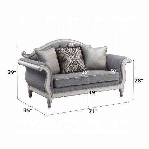 Acme Florian Gray Fabric & Antique White Loveseat with 3 Pillows - Image 8