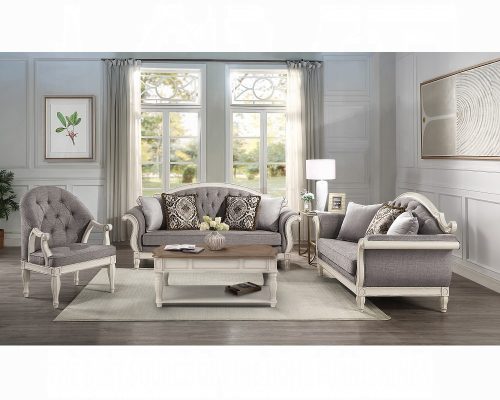 Acme Florian Gray Fabric & Antique White Loveseat with 3 Pillows