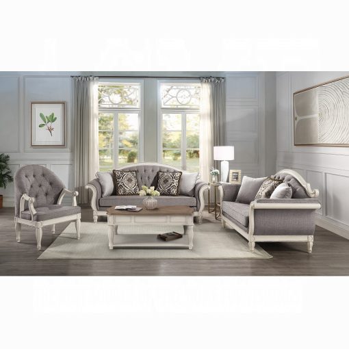 Acme Florian Gray Fabric & Antique White Loveseat with 3 Pillows