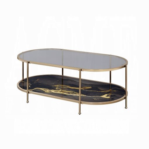 Acme Fiorella Glass, Black Marble Paint & Gold Coffee Table - Image 2