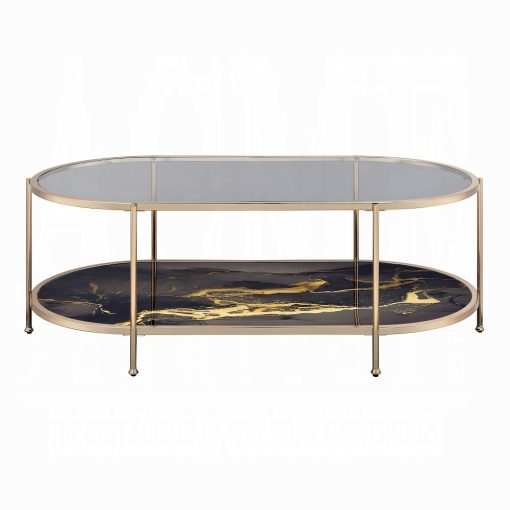 Acme Fiorella Glass, Black Marble Paint & Gold Coffee Table - Image 3