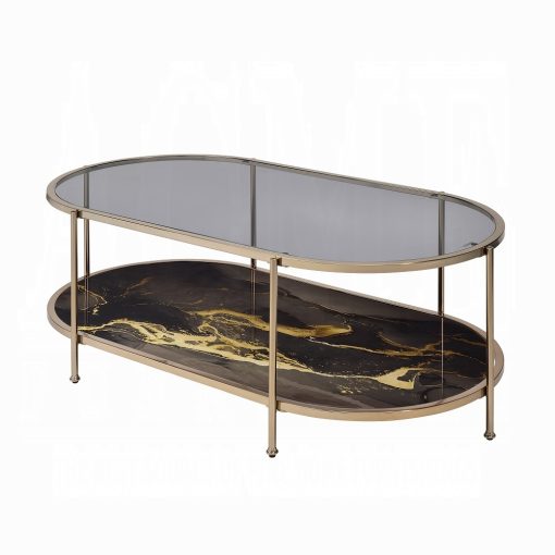 Acme Fiorella Glass, Black Marble Paint & Gold Coffee Table - Image 4