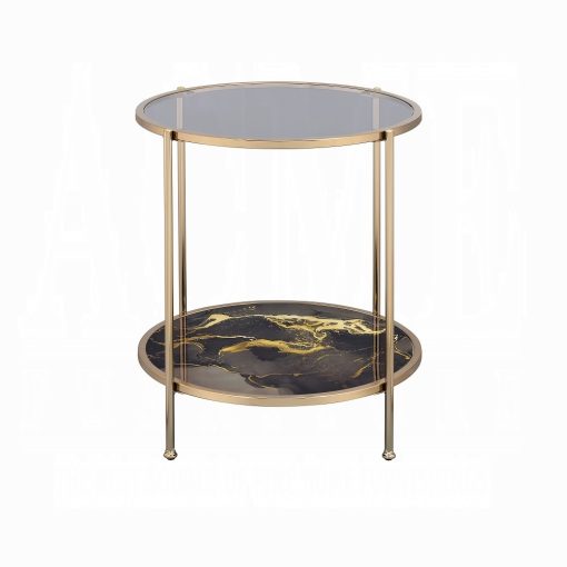 Acme Fiorella Glass, Black Marble Paint & Gold End Table - Image 3