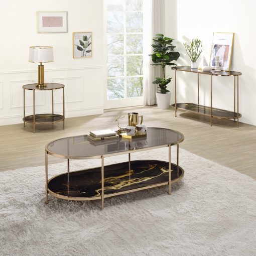 Acme Fiorella Glass, Black Marble Paint & Gold End Table - Image 4