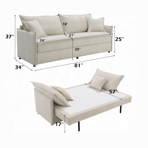 Acme Elisea Beige Chenille Sofa with Sleeper & 2 Pillows - Image 8
