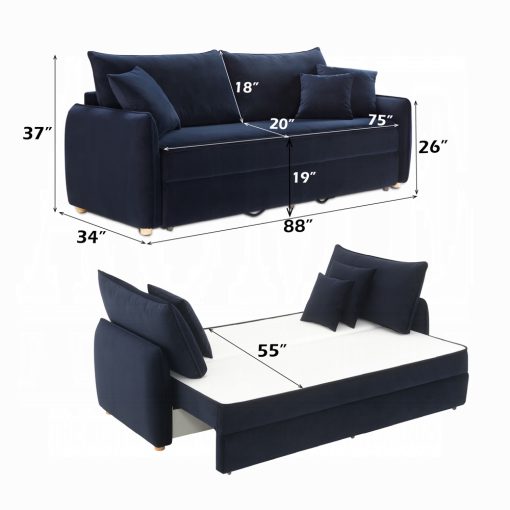 Acme Irina Blue Velvet Sofa with Sleeper & 3 Pillows - Image 9