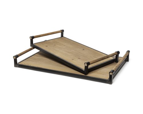 Alternative view of Mercana Benson Set of 2 Brown Wood Black Metal Trays