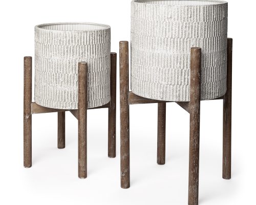 Mercana Groot Set of Two 11.8 x 23 Eggshell Ceramic Wooden Base Plant Stands - Image 2
