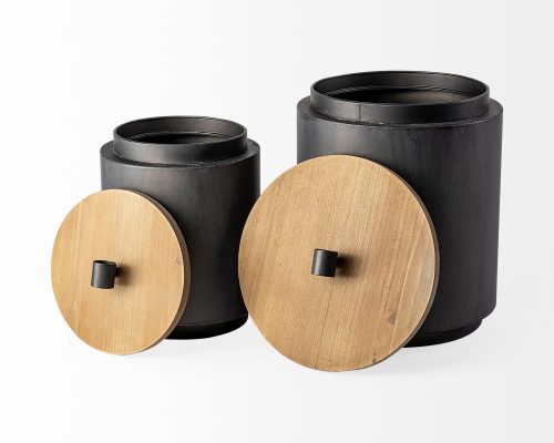 Mercana Cyril (Set of 2) Gray Metal W/ Brown Wood Lids Jars - Image 6
