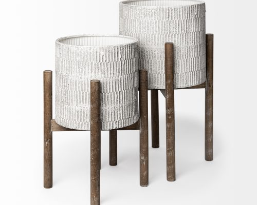 Mercana Groot Set of Two 11.8 x 23 Eggshell Ceramic Wooden Base Plant Stands - Image 5