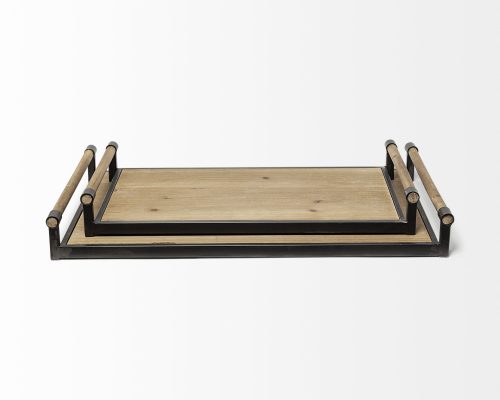 Mercana Benson Set of 2 Brown Wood Black Metal Trays - Image 3