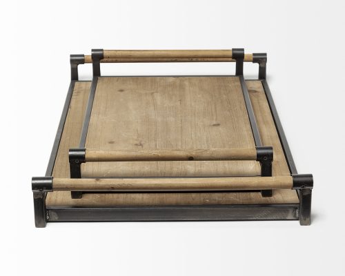 Mercana Benson Set of 2 Brown Wood Black Metal Trays - Image 4