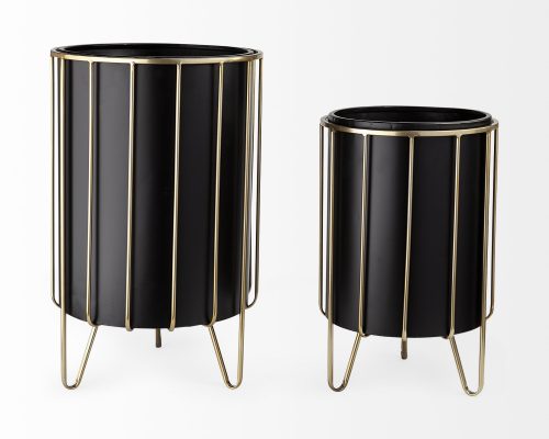 Mercana Pianta 13 x 21 Set of Two Black Metal Insert Brass Frame Plant Stands - Image 3