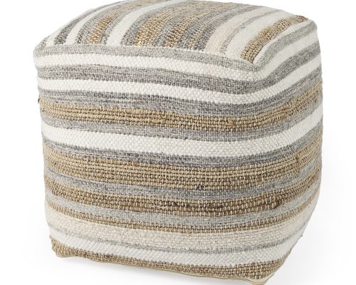 Alternative view of Mercana Aahana 16.0L x 16.0W x 16.0H White/Taupe/Gray Striped Hemp and Cotton Pouf