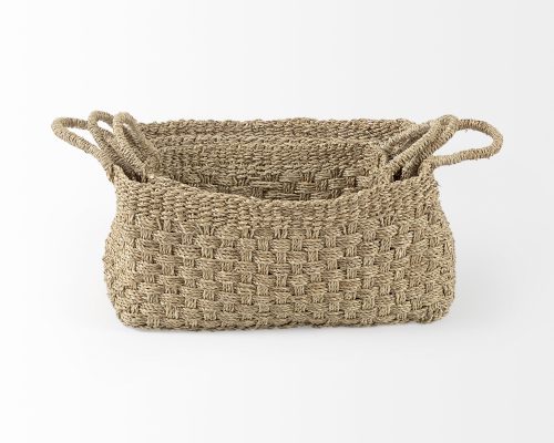 Mercana Emra (Set of 3) Light Brown Seagrass Rectangular Basket W/ Handles - Image 5